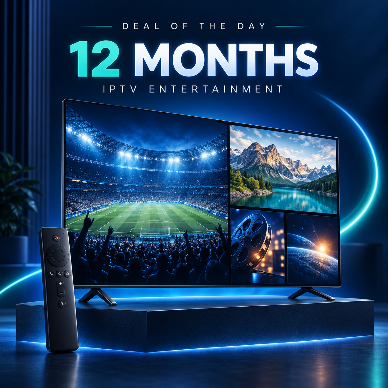 Smart TV showing sports, films and travel scenes for the Xtreme HD UK IPTV 12-month Deal of the Day